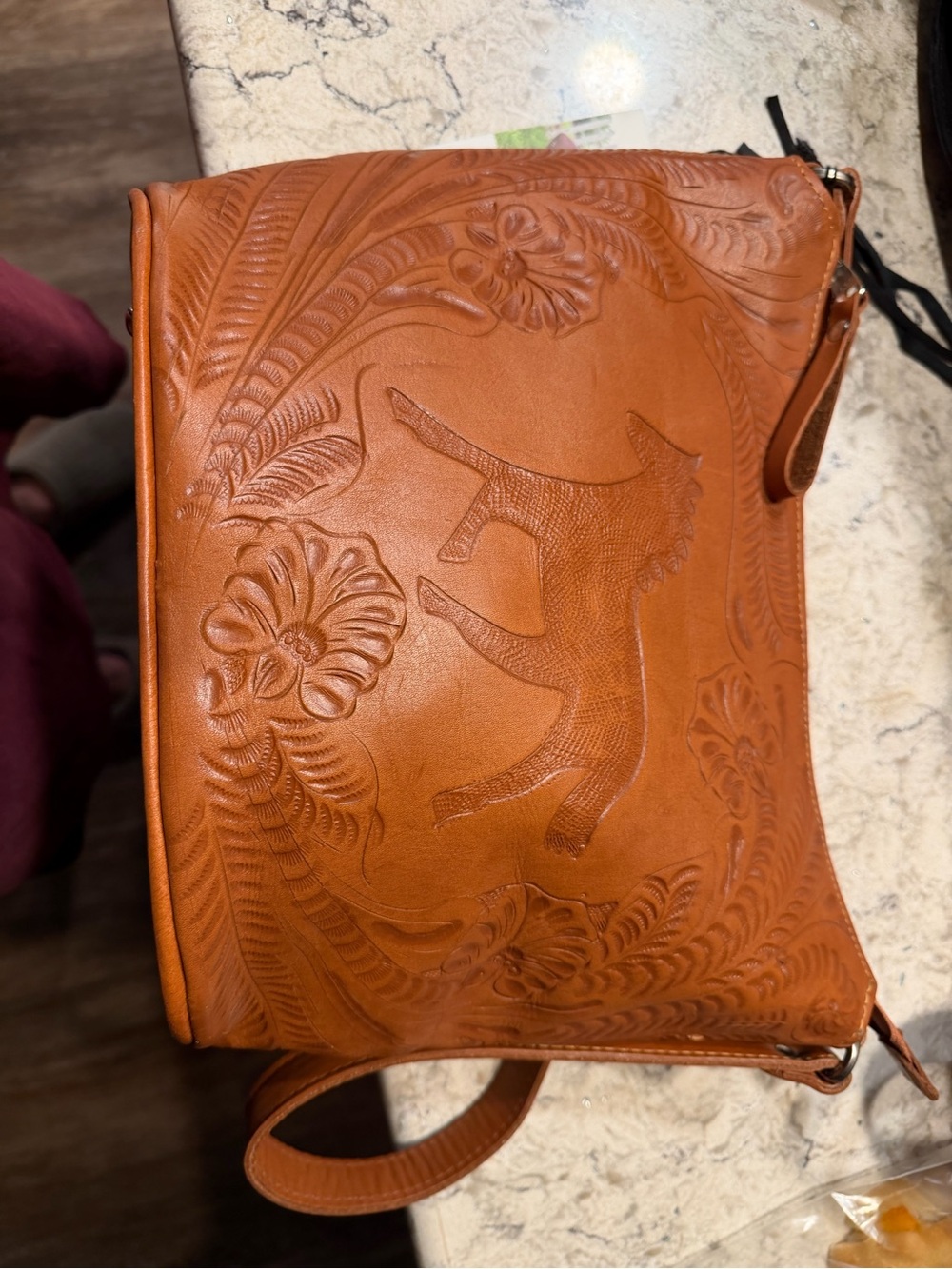 American West Tooled Leather Shoulder Bag in Tan. Genuine leather